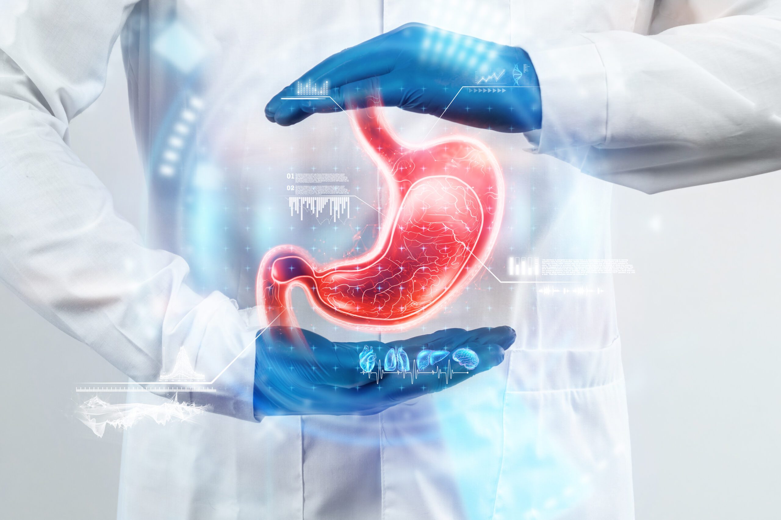The doctor looks at the Stomach hologram, checks the test result on the virtual interface, and analyzes the data. Stomach disease, obesity, innovative technologies, medicine of the future